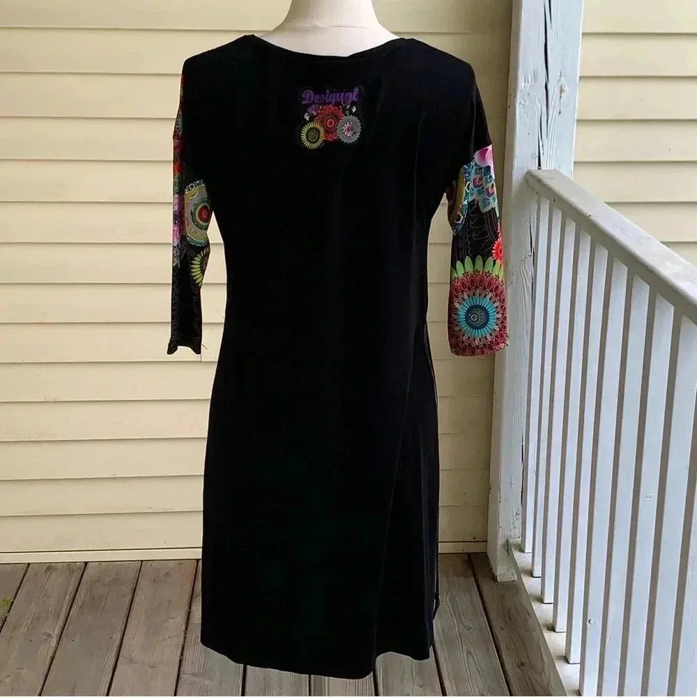 Desigual Longline Tunic Top S Black Rainbow Geometric Flowers Boho Lagenlook - Picture 4 of 11